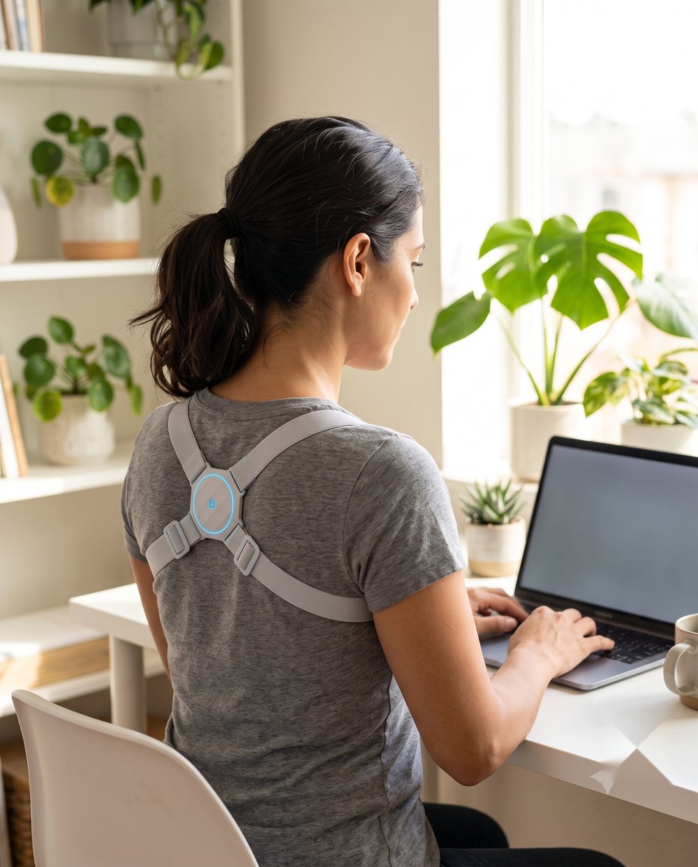 Mujer usando el corrector de postura bajo la ropa