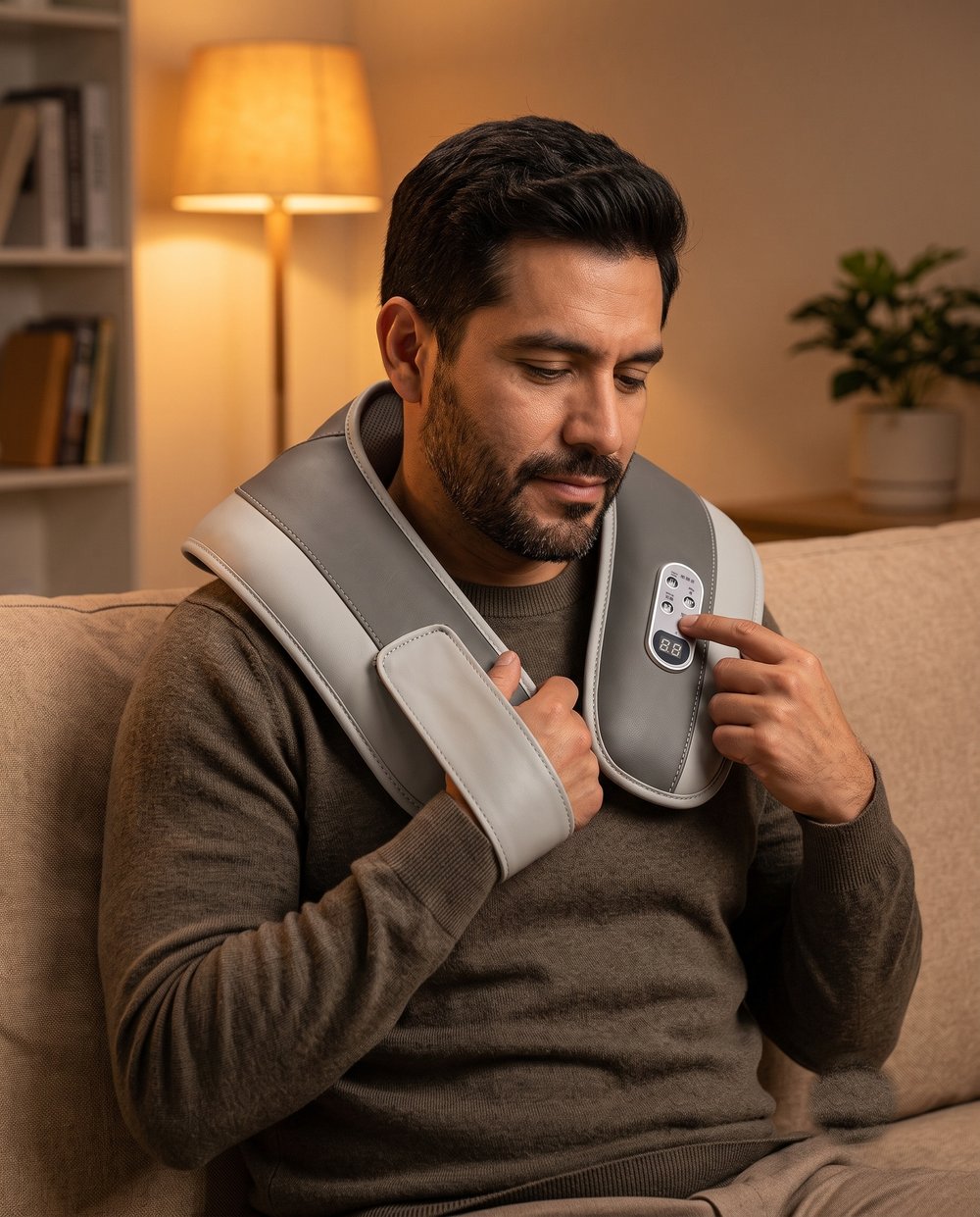 Hombre usando el masajeador de cuello y espalda
