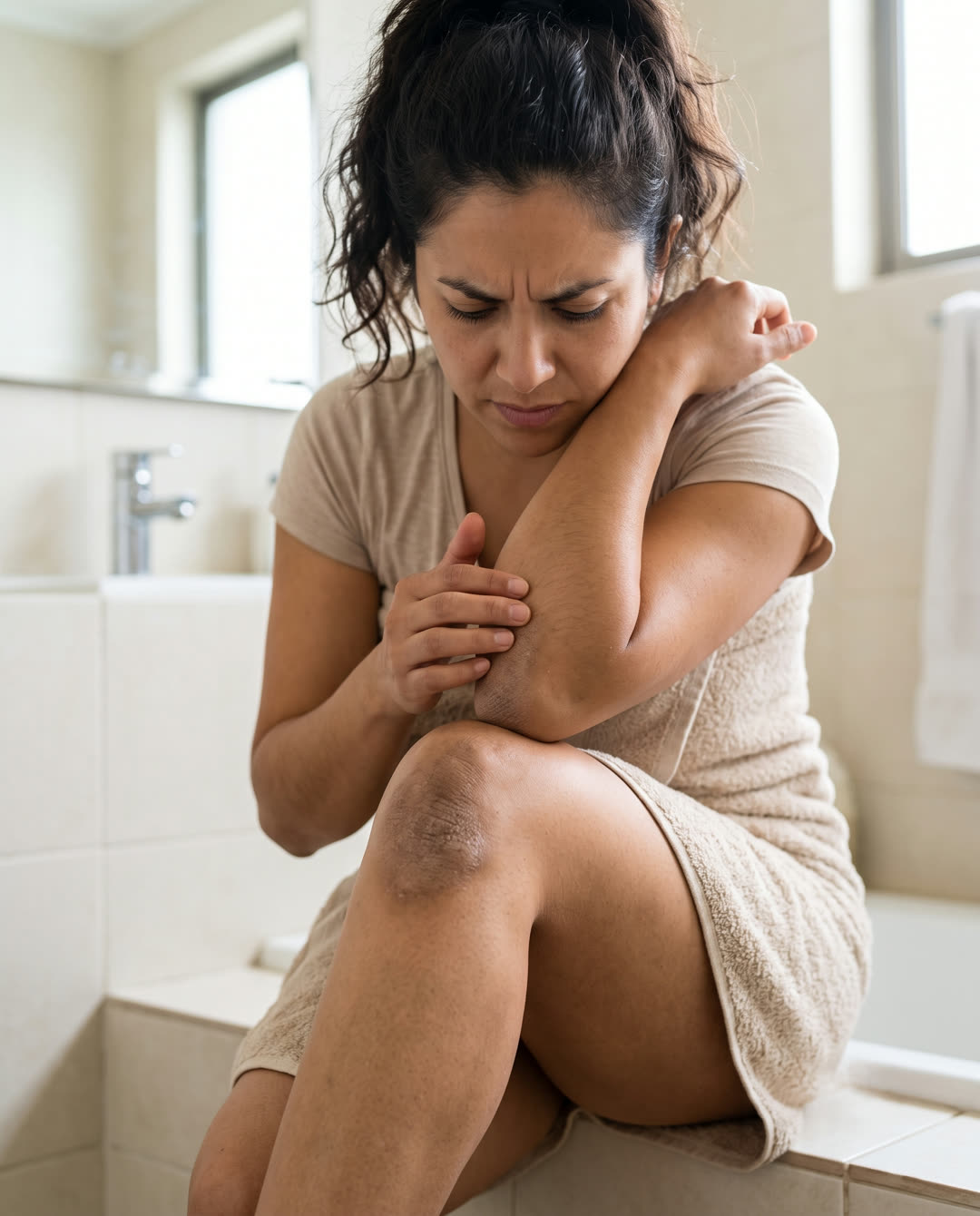Mujer notando piel opaca y áspera en codos y rodillas