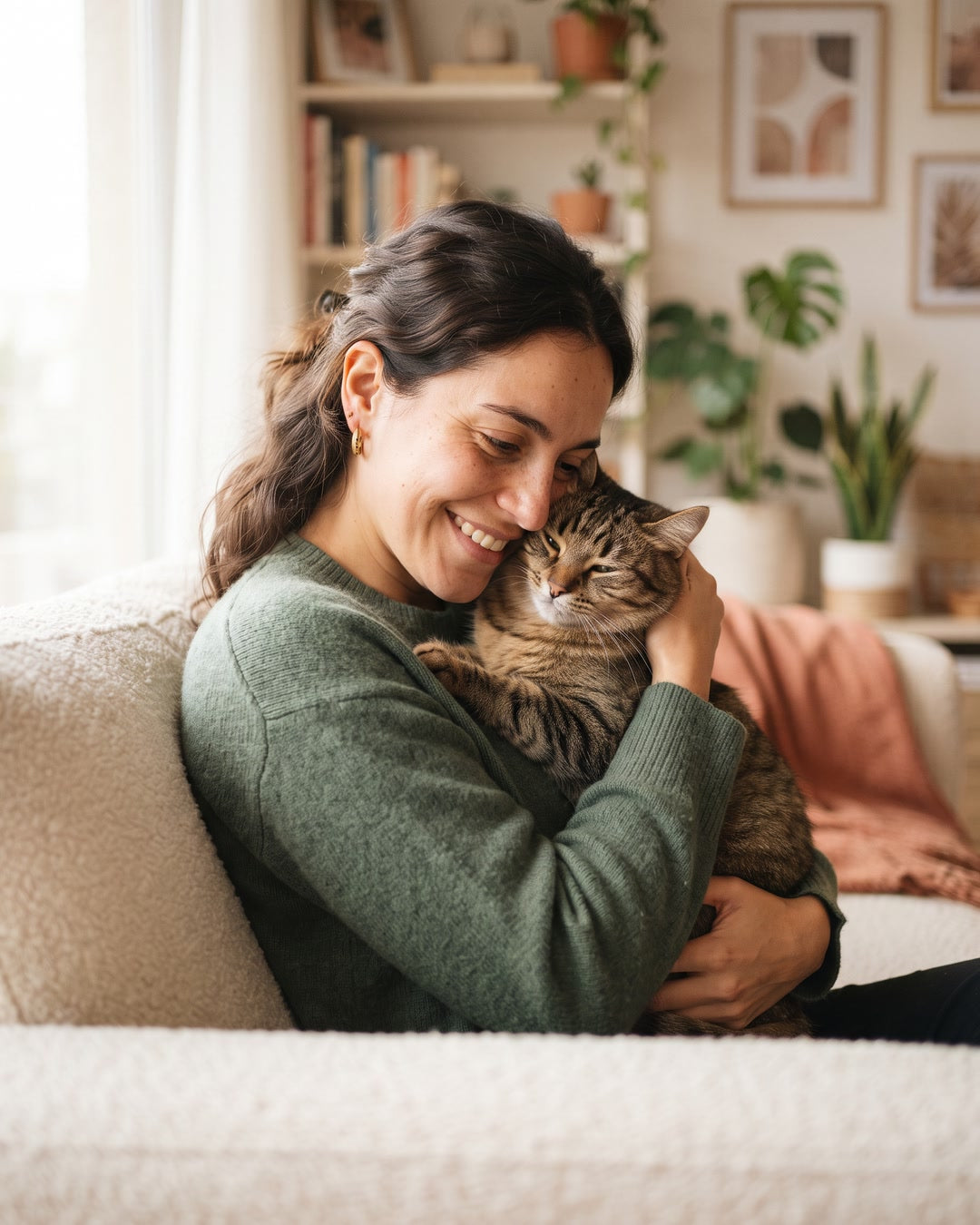 Mujer abrazando a su gato en casa