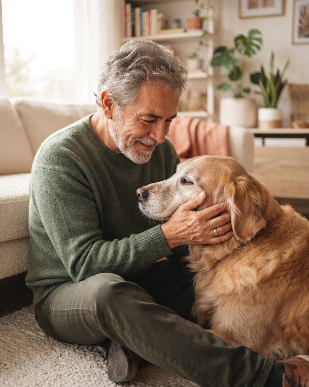 Hombre mayor acariciando a su perro golden retriever senior
