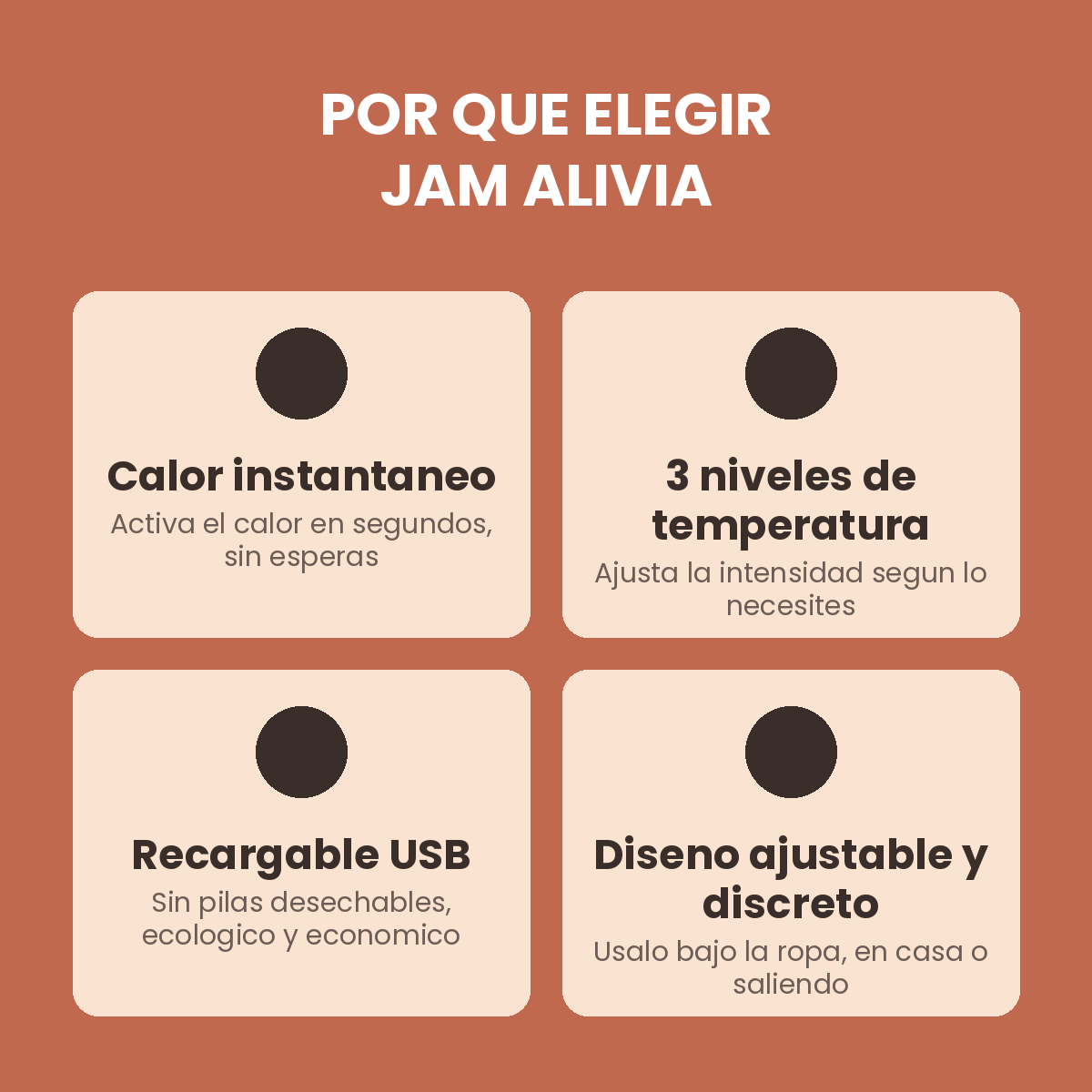 Beneficios del Cinturon Termico JAM Alivia: calor instantaneo, 3 niveles, recargable USB, diseno discreto