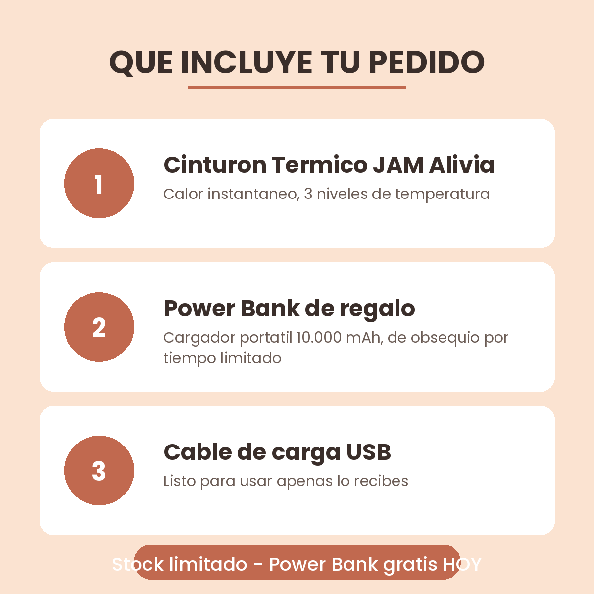 Que incluye tu pedido: Cinturon Termico JAM Alivia, Power Bank de regalo y cable USB